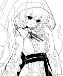  1girl cowboy_shot frilled_sleeves frills greyscale hands_up hitodama hood looking_down maguro_(mawaru_sushi) monochrome neck_ribbon ribbon saigyouji_yuyuko short_hair simple_background solo touhou upper_body white_background wide_sleeves 