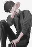  1boy black_hair black_neckwear black_pants grey_background grey_eyes grey_shirt head_tilt hirota_tsuu long_sleeves looking_at_viewer male_focus necktie original pants shirt simple_background sitting solo usuzumi_kei 