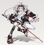  1girl :3 animal_ears bangs black_legwear hair_between_eyes headgear highres holding holding_weapon ierotak jacket jewelry knee_pads long_hair necklace original paws red_eyes roller_skates silver_hair simple_background skates sleeveless strap sword thigh-highs watermark weapon 