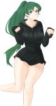  1girl black_hoodie black_jacket breasts closed_mouth collarbone curvy earrings eyebrows_visible_through_hair facing_viewer fire_emblem fire_emblem:_the_blazing_blade fire_emblem_heroes green_hair hair_between_eyes highres hood hoodie jacket jewelry large_breasts long_hair looking_at_viewer lyn_(fire_emblem) paw_pose ponytail smile solo standing standing_on_one_leg thighs transparent_background tridisart wide_hips 
