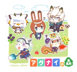  1boy 4girls :&lt; :3 :d ? amiya_(arknights) animal_crossing animalization apple arknights bird blue_eyes blush brown_hair chibi doubutsu_no_mori fire_axe firefighter flower food fruit grani_(arknights) helmet horse moneybag multiple_girls namie-kun nintendo nintendo_ead open_mouth parody rabbit shaw_(arknights) silverash_(arknights) smile squirrel tail violet_eyes visor_cap zzz 