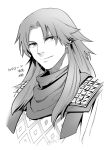  1boy armor character_name chiron_(fate) fate/apocrypha fate_(series) greyscale long_hair male_focus monochrome nishiyama_(whatsoy) scarf smile solo translated upper_body 