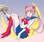  1girl absurdres axe bishoujo_senshi_sailor_moon cosplay crescent_moon double_bun fire_emblem fire_emblem:_three_houses gloves gradient gradient_background hair_ornament highres hilda_valentine_goneril mlr2004 moon open_mouth pink_hair sailor_moon sailor_moon_(cosplay) sailor_senshi_uniform smile tiara twintails wand 