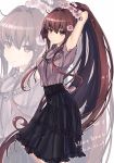  1girl alternate_costume black_skirt blouse blush breasts brown_eyes brown_hair cake_no_shaberu flower hair_flower hair_ornament highres kantai_collection large_breasts long_hair long_skirt looking_at_viewer multiple_views ponytail purple_blouse rose skirt solo very_long_hair yamato_(kantai_collection) 