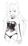 1girl absurdres atalanta_(alter)_(fate) atalanta_(fate) bangs bare_shoulders belt_collar blush boa_(brianoa) chain claws collar cowboy_shot detached_sleeves eyebrows_visible_through_hair fate/apocrypha fate_(series) greyscale highres long_hair looking_at_viewer monochrome navel open_mouth panties simple_background solo standing thigh-highs underwear very_long_hair vest white_background 