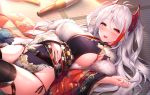  1girl :d antenna_hair azur_lane bangs bare_hips black_legwear black_panties black_ribbon blush bottle breasts checkered commentary_request drunk eyebrows_visible_through_hair headgear highres japanese_clothes large_breasts long_hair long_sleeves lying multicolored_hair nail_polish obi on_back on_floor open_mouth panties prinz_eugen_(azur_lane) prinz_eugen_(dance_of_a_hundred_flowers)_(azur_lane) red_eyes red_nails redhead ribbon sake_bottle sash side-tie_panties sideboob silver_hair smile solo streaked_hair swept_bangs tatami thigh-highs two-tone_hair two_side_up underwear very_long_hair wide_hips wide_sleeves yuwari_ume 