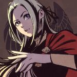  1girl black_ribbon blue_eyes cape edelgard_von_hresvelg fire_emblem fire_emblem:_three_houses grey_background hair_ribbon long_hair long_sleeves moshimoshibe parted_lips red_cape ribbon silver_hair solo turtleneck upper_body 