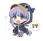  !? 1girl animal_hood artist_name bangs black_jacket blue_bow blue_eyes blush bow chibi colored_shadow commentary_request eyebrows_visible_through_hair fate/grand_order fate_(series) full_body grey_footwear hair_between_eyes hood hood_up hooded_jacket jacket long_hair long_sleeves looking_at_viewer meltryllis meltryllis_(swimsuit_lancer)_(fate) open_mouth penguin_hood popo_(popopuri) purple_hair shadow sleeves_past_fingers sleeves_past_wrists solo spoken_interrobang standing star upper_teeth very_long_hair wavy_mouth white_background 