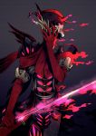  1boy antonio_salieri_(fate/grand_order) armor covering_face fate/grand_order fate_(series) fire grey_hair helmet highres male_focus mask nishiyama_(whatsoy) pink_fire red_eyes red_fire red_wings scarf solo sword wavy_hair weapon wings 