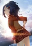  1girl bangs blue_hair blue_sky breasts brown_jacket brown_skirt closed_mouth clouds cloudy_sky commentary_request dutch_angle hair_ornament hand_on_hip heart heart_hair_ornament jacket long_hair long_sleeves looking_at_viewer looking_back love_live! love_live!_sunshine!! matsuura_kanan mountain open_clothes open_jacket outdoors parted_bangs plaid plaid_skirt pleated_skirt polka_dot polka_dot_scrunchie ponytail red_scrunchie sakasa_(guranyto) scrunchie shirt sidelocks skirt sky small_breasts solo sunset unmoving_pattern violet_eyes water white_shirt wrist_scrunchie 