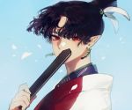  1girl black_hair blue_background closed_fan covering_mouth earrings fan folding_fan holding holding_fan inuyasha jewelry kagura_(inuyasha) looking_at_viewer medium_hair mgmg_1012 pointy_ears red_eyes simple_background solo upper_body wind 