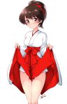  1girl artist_name blush breasts brown_eyes brown_hair closed_mouth collarbone dated eyebrows_visible_through_hair feet_out_of_frame girls_und_panzer hair_ornament hair_ribbon hakama hakama_lift highres japanese_clothes kimono koyama_yuzu kuzuryuu_kennosuke large_breasts lifted_by_self looking_at_viewer ponytail ribbon shiny shiny_hair shiny_skin short_hair simple_background solo standing white_background 