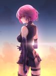  1girl armor armored_dress bangs bare_shoulders breasts commentary cp_(tlstjdghek) elbow_gloves eyebrows_visible_through_hair fate/grand_order fate_(series) from_behind gloves hair_over_one_eye highres large_breasts lavender_hair looking_at_viewer mash_kyrielight pink_gloves pink_hair purple_hair short_hair smile solo star starry_background sunlight violet_eyes 