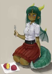  1girl belt black_belt blue_eyes closed_mouth collared_shirt dark_skin dragon_horns dragon_tail dragon_wings dress_shirt ebimomo food fork green_hair grey_background highres holding holding_fork horns looking_down original pleated_skirt pointy_ears red_skirt seiza shirt short_sleeves simple_background sitting skirt solo sweet_potato tail white_shirt wing_collar wings 