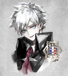  1boy blue_eyes charles_henri_sanson_(fate/grand_order) fate/grand_order fate_(series) grey_hair high_collar koshika_rina male_focus necktie portrait solo spiky_hair white_hair 