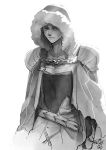  1boy cape cu_chulainn_(fate)_(all) cu_chulainn_(fate/grand_order) fate/grand_order fate_(series) fur-trimmed_cape fur-trimmed_hood fur_trim greyscale hood hood_up monochrome nishiyama_(whatsoy) red_eyes solo spot_color 