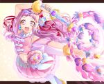  1girl :d crop_top cure_yell detached_sleeves earrings floating_hair hair_ornament hair_ribbon heart heart_hair_ornament highres holding holding_staff hugtto!_precure jewelry long_hair looking_at_viewer midriff miniskirt navel open_mouth outstretched_arm pink_eyes pink_hair pink_skirt pink_sleeves pleated_skirt precure red_ribbon ribbon shiny shiny_hair short_sleeves simple_background skirt smile solo staff stomach very_long_hair white_background white_legwear yuutarou_(fukiiincho) 