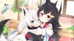  2girls :3 :d animal_ear_fluff animal_ears aqua_eyes bench black_hair blurry bug butterfly calendar_(object) depth_of_field detached_sleeves fang fox_ears fox_girl fox_tail hololive hug insect long_hair looking_at_viewer multiple_girls narucchii ookami_mio open_mouth redhead shirakami_fubuki smile tail virtual_youtuber white_hair wolf_ears wolf_girl 