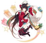  1girl :d agano_(azur_lane) agano_(christmas_eve_tease)_(azur_lane) arched_back armpits arms_behind_head arms_up azur_lane bag bell black_footwear black_hair boots box breasts brown_hair christmas commentary_request detached_sleeves dress earrings frilled_dress frills full_body fur_trim gift gift_box gradient_hair hair_ornament hecha_(swy1996228) high_heel_boots high_heels highres holding holding_sack jewelry large_breasts legs_up long_hair long_sleeves manjuu_(azur_lane) merry_christmas multicolored_hair official_art open_mouth red_dress red_eyes sack santa_costume santa_dress smile snowflake_hair_ornament star thigh-highs thigh_boots transparent_background very_long_hair wide_sleeves zettai_ryouiki 