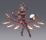  1girl absurdres animal armor black_eyepatch black_eyes braid brown_eyes deepmaru eyepatch fang fire fishnets gradient gradient_background grappling_hook grey_hair highres holding holding_knife holding_weapon holding_whip jewelry knife kunai long_hair necklace ninja open_mouth original scroll sheath sheathed skirt sparkle teeth tongue weapon whip 