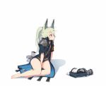  1girl animal_ears arknights barefoot blonde_hair boots_removed ce-_-3 coat grani_(arknights) horse_ears horse_tail overcoat pauldrons ponytail sitting solo tail violet_eyes yokozuwari 