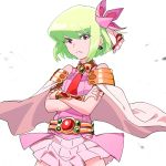  1boy armlet cosplay creator_connection crossdressinging crossed_arms dress flower green_hair hair_flower hair_ornament jewelry lio_fotia looking_at_viewer male_focus nia_teppelin nia_teppelin_(cosplay) ns1123 otoko_no_ko promare short_hair skirt solo tengen_toppa_gurren_lagann violet_eyes 