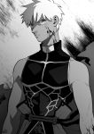  1boy archer bare_shoulders corruption dark_skin dark_skinned_male fate/stay_night fate_(series) greyscale male_focus monochrome nishiyama_(whatsoy) ruins solo upper_body veins 