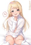  1girl alternate_costume blonde_hair blue_eyes blush ebifurya eyebrows_visible_through_hair feet_out_of_frame heart highres jervis_(kantai_collection) kantai_collection long_hair long_sleeves open_clothes open_mouth open_shirt pom_pom_(clothes) shirt simple_background smile solo spoken_heart twitter_username white_background white_shirt 