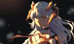  1girl arknights bangs breasts expressionless horns long_hair looking_at_viewer naemperor necktie saria_(arknights) solo white_hair yellow_eyes 
