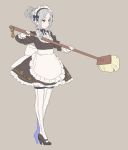  1girl apron black_footwear broom brown_dress closed_mouth commentary_request concealed_sword concealed_weapon dress gloves grey_background grey_hair hair_bun high_heels highres holding holding_broom holding_sword holding_weapon katana long_sleeves maid maid_apron maid_headdress nagisa_kurousagi original ribbed_legwear sheath simple_background solo sword thigh-highs two-handed unsheathing waist_apron weapon white_gloves white_legwear yellow_eyes 