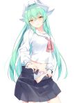  1girl blue_skirt blush breasts collarbone commentary dragon_girl dragon_horns eyebrows_visible_through_hair fate/grand_order fate_(series) highres horns kiyohime_(fate/grand_order) long_hair long_sleeves looking_at_viewer medium_breasts open_clothes open_skirt panties rx7649 shirt simple_background skirt smile solo underwear white_background white_panties white_shirt yellow_eyes 