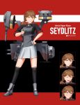  1girl :d absurdres ammunition anchor black_legwear blush brown_hair cannon character_name closed_eyes commentary expressions full_body grey_eyes greythorn032 hand_on_hip highres kneehighs looking_at_viewer open_mouth original rigging signature skirt smile solo standing turret twintails twitter_username white_skirt world_of_warships 