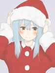  1girl bangs blue_hair blush closed_mouth embarrassed fu_ku1_437 fur-trimmed_hat grey_background hair_between_eyes hands_on_headwear hat jacket long_hair long_sleeves looking_at_viewer red_headwear red_jacket rimuru_tempest santa_costume santa_hat shiny shiny_hair simple_background sketch solo tensei_shitara_slime_datta_ken upper_body yellow_eyes 