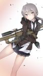  1girl black_gloves blush bolt_action cheytac_m200 ekuesu girls_frontline gloves grey_hair gun hair_between_eyes highres hood hooded_jacket jacket looking_at_viewer m200_(girls_frontline) necktie pleated_skirt ponytail rifle skirt sniper_rifle solo violet_eyes weapon 