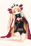  1girl absurdres bangs blonde_hair blush bow breasts cape commentary_request earrings ereshkigal_(fate/grand_order) eyebrows_visible_through_hair fate/grand_order fate_(series) hair_ribbon highres holding_handheld_game_console jewelry long_hair looking_at_viewer nintendo_switch parted_bangs red_eyes ribbon simple_background sitting skull smile solo tiara tming two_side_up very_long_hair white_background 