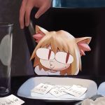  &lt;|&gt;_&lt;|&gt; animal_ears blonde_hair cat_ears chair commentary_request english_text fate/grand_order fate_(series) fur glasses hands head_tilt kyou-chan looking_to_the_side medium_hair meme nekoarc nervous notes o3o paper plate red_eyes sweat sweatdrop table tagme translation_request whistle woman_yelling_at_cat 