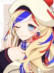  1girl anchor_hair_ornament bangs beret blonde_hair blue_hair border brown_background commandant_teste_(kantai_collection) commentary_request hair_ornament hat highres kantai_collection kozu_(bloomme1_me) long_hair looking_at_viewer multicolored multicolored_clothes multicolored_hair multicolored_scarf one_eye_closed plaid plaid_scarf pom_pom_(clothes) ponytail redhead scarf solo streaked_hair swept_bangs twitter_username upper_body wavy_hair white_border 