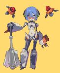  blue_eyes blue_hair bright_pupils character_request closed_mouth contrapposto full_body glasses hand_on_hilt headgear holding holding_weapon looking_at_viewer mace nagisa_kurousagi red-framed_eyewear robot sekaiju_no_meikyuu sekaiju_no_meikyuu_3 short_hair simple_background standing weapon yellow_background 