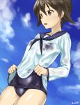  1girl black_neckwear blue_sailor_collar blue_sky blue_swimsuit brown_eyes brown_hair clouds day fankupl highres miyafuji_yoshika neckerchief no_pants outdoors sailor_collar sailor_shirt school_swimsuit school_uniform see-through shirt shirt_lift sky solo strike_witches swimsuit wet wet_clothes wet_swimsuit world_witches_series 