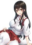  1girl akagi_(kantai_collection) arm_support brown_eyes brown_hair hakama hakama_skirt highres japanese_clothes kamidanomi kantai_collection long_hair red_hakama sidelocks simple_background sitting solo straight_hair tasuki thigh-highs white_background white_legwear yokozuwari 