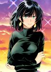  1girl arms_under_breasts black_hair collarbone earrings fubuki_(one-punch_man) green_eyes haruhisky highres jewelry one-punch_man short_hair smile solo wind 