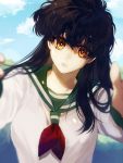  1girl black_hair blue_sky clouds collar day highres higurashi_kagome inuyasha long_hair long_sleeves looking_at_viewer mgmg_1012 open_mouth outdoors sailor_collar school_uniform shaded_face sky solo upper_body yellow_eyes 