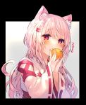  1girl animal_ear_fluff animal_ears bangs blush cat_ears eyebrows_visible_through_hair food hair_between_eyes hair_ornament hairclip hands_up holding holding_food japanese_clothes kemonomimi_mode kimono long_hair long_sleeves nijisanji pink_hair red_eyes ribbon-trimmed_sleeves ribbon_trim shiina_yuika shikino_yuki sleeves_past_wrists solo upper_body virtual_youtuber white_kimono wide_sleeves 