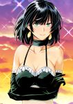  1girl arms_under_breasts black_hair bra choker collarbone earrings elbow_gloves frills fubuki_(one-punch_man) gloves green_eyes haruhisky highres jewelry one-punch_man short_hair smile solo underwear wind 