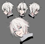  1boy angry antenna_hair aqua_eyes black_neckwear closed_mouth eyebrows_visible_through_hair face facial_scar grey_background hair_between_eyes happy konbumeshi male_focus multiple_views open_mouth original parted_lips sad scar simple_background smile white_hair 