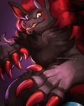  2019 blue_eyes claws commentary commission creature defiant_drills english_commentary gen_5_pokemon highres no_humans pokemon pokemon_(creature) purple_background redhead sharp_teeth signature simple_background solo standing teeth upper_body zoroark 