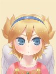 1girl angel_wings blonde_hair blue_eyes blue_hairband breath_of_fire breath_of_fire_iii closed_mouth commentary_request ebimomo feathered_wings hair_between_eyes hairband nina_(breath_of_fire_iii) pink_shirt shirt short_hair simple_background white_wings wings yellow_background 