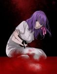  1girl bent_over clutching_chest crying fate/stay_night fate_(series) hair_ribbon heaven&#039;s_feel injury kneeling leaning_forward long_hair matou_sakura pool_of_blood purple_hair ran_(ran_0605) ribbon sad solo tears type-moon ufotable violet_eyes 