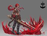  1boy abs absurdres armor blood brown_gloves deepmaru facial_scar gloves gradient gradient_background greatsword greaves highres holding holding_sword holding_weapon long_hair male_focus muscle original padded_armor pauldrons ponytail red_eyes redhead scar smile solo standing sword teeth torn_clothes weapon 