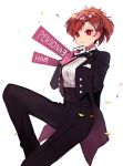  1girl brown_hair byoru female_protagonist_(persona_3) formal gloves hair_ornament hairclip highres looking_at_viewer persona persona_3 persona_q2:_new_cinema_labyrinth red_eyes short_hair simple_background smile solo white_background 